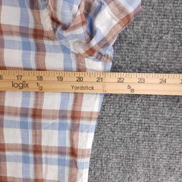 Johnnie-o Plaid Blue Brown Button Up Shirt Medium Lightweight Short Sleeve - Picture 6 of 13